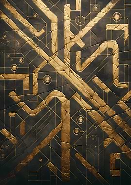 Abstract Golden Circuitry on Dark Background
