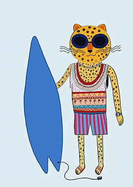 Surfing Leopard Cartoon Illustration