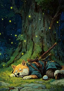 Sleeping Shiba Inu Warrior in Forest