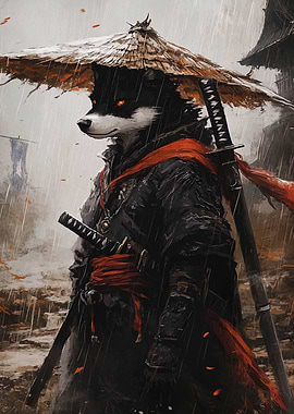 Samurai Wolf in the Rain