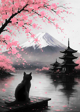 Black cat under Cherry Blossom