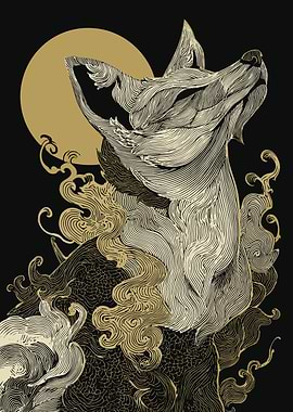 Stylized Wolf Howling at the Moon