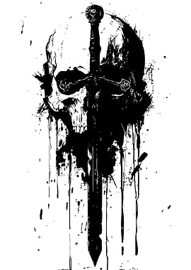 Skull and Sword Black Ink Illustration