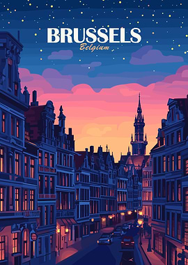Brussels Belgium Cityscape at Dusk