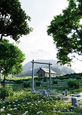 Idyllic Rural Landscape with Traditional House