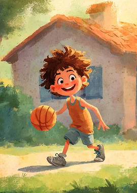 Boy Dribbling Basketball Cartoon Illustration