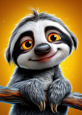 Cartoon Sloth on Branch with Smile