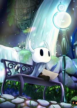 Hollow Knight on a bench