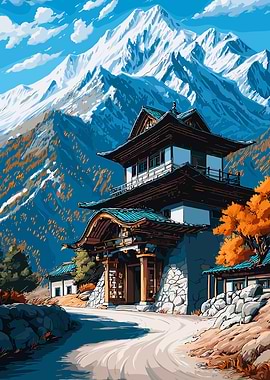 Japanese Temple with Mountain Backdrop