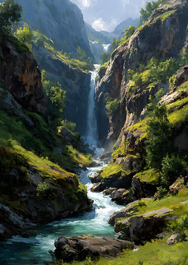 Waterfall in a Mountainous Landscape
