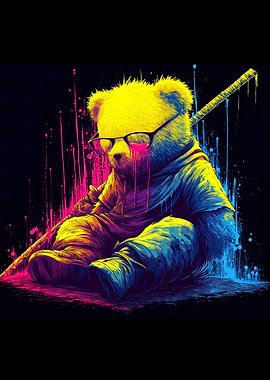 Neon Bear with Glasses and Staff