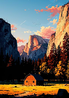 Cabin in Yosemite Valley Landscape Art