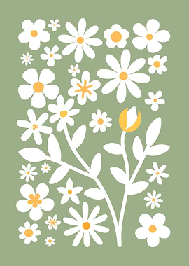Daisy Flower Pattern on Green Background