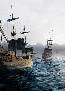 Two old ships on the sea