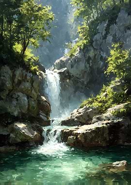 Waterfall Landscape Painting
