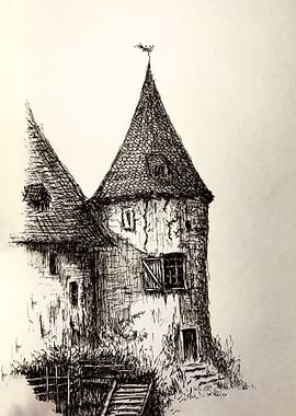 Ink Drawing of Medieval Castle Tower