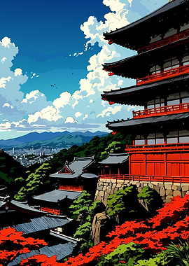Japanese Temple Landscape Digital Art