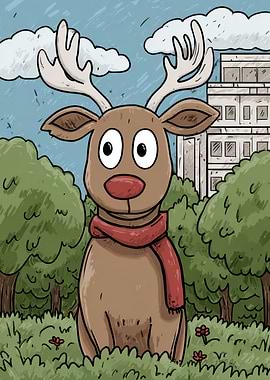 Cartoon Reindeer in City Park