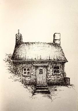 Ink Drawing of a Stone Cottage