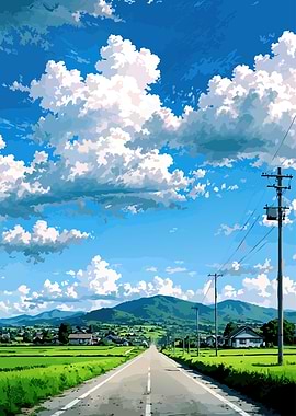 Anime Landscape with Road and Clouds