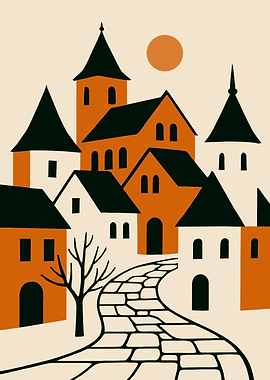 Medieval Village Illustration Scene with Stone Path