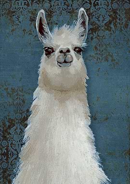 Llama Portrait on Ornate Blue Background