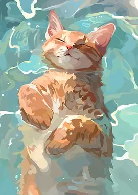 Relaxing Cat in Water Illustration