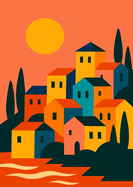 Colorful Mediterranean Village Illustration