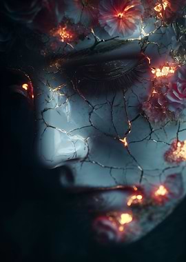 Floral Face Sculpture with Glowing Cracks