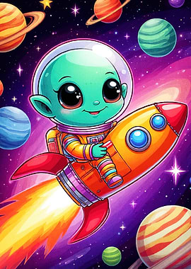 Cute Alien Astronaut Rocket