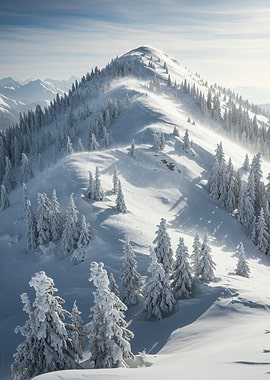 Snowy Mountain Peak with Pine Trees