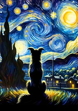 Dog Starry Night Painting