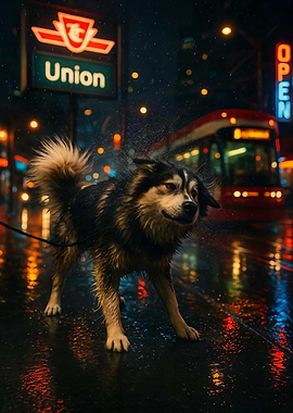 Dog Shaking in Rainy Cityscape