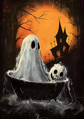 Spooky Halloween Ghost and Pumpkin Illustration