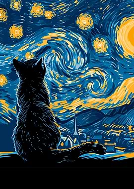 Cat Gazing at Starry Night