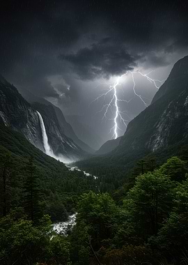 Dramatic Lightning Storm over Mountain Valley