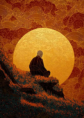 Meditating Monk at Sunset