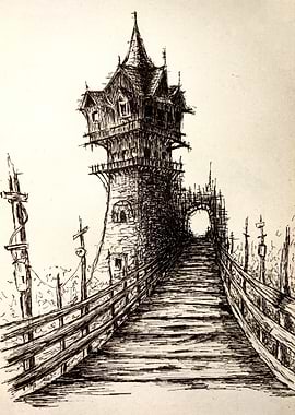 Tower and Bridge Ink Drawing