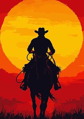 Cowboy Silhouette Riding into the Sunset