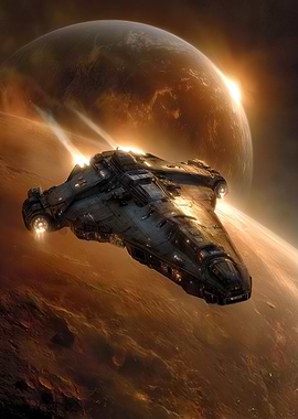 Spaceship over planet with sunrise