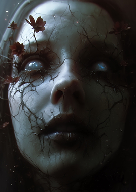 Ethereal Face with Flowers and Cracks