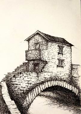 Stone House and Bridge Ink Drawing