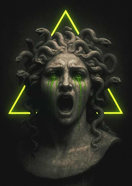 Medusa Statue with Neon Triangle