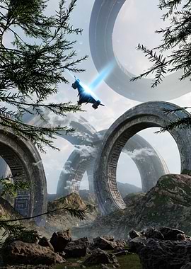 Sci-Fi Rings Landscape with Spaceship