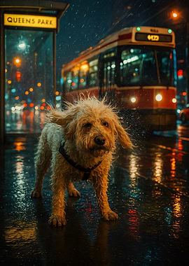 Wet Dog Shaking in City Rain