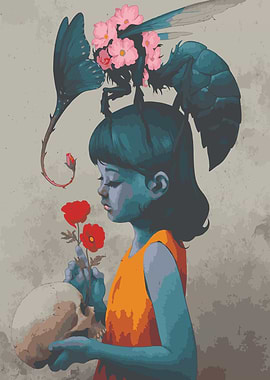 Girl with Skull, Flowers, and Insect