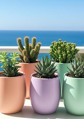 Succulents in Pastel Pots by the Sea