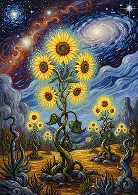 Sunflower Field Under Starry Night Sky