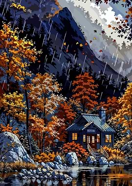 Autumn Cabin in the Rain