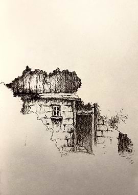 Ink Sketch of Stone Building Ruins